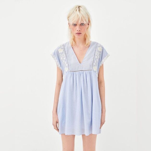 Zara Light Blue Cotton Embroidered Romper Playsuit Sz M - Picture 1 of 10